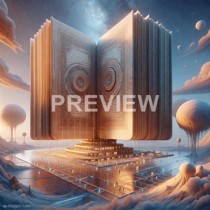 An enormous, intricately detailed open book hovers above a futuristic platform, its pages glowing softly with a warm light. The setting is surreal, with floating clouds and large, spherical trees around the platform, all bathed in a dreamy, otherworldly atmosphere under a starry sky with planets visible in the distance. Tiny figures of people are seen on the platform, emphasizing the scale and grandeur of the scene, which blends elements of fantasy, technology, and mysticism.